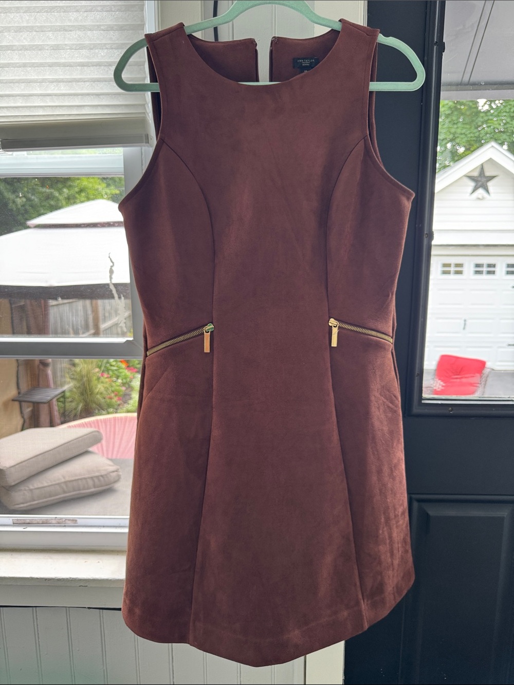 Ann Taylor Brown Faux-Suede Mini Dress with Gold Zipper Accents